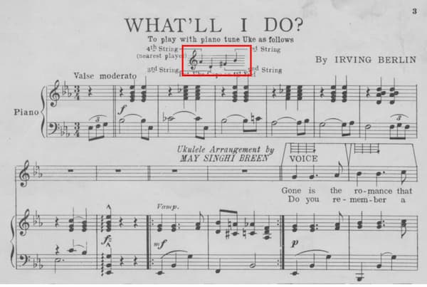 Image of sheet music with small stave highlighted