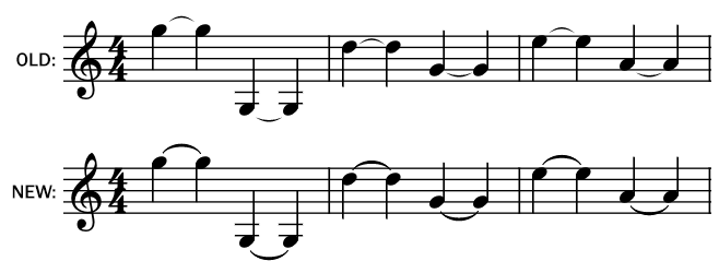 Screenshot of note ties in music notation, before and after
