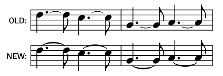 Screenshot of note ties in music notation, before and after