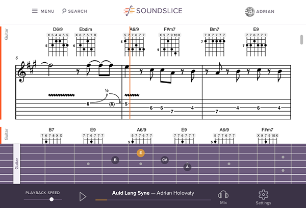 Screenshot of interface with fretboard