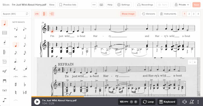 Screenshot of editor showing original image and detected notation, including lyrics