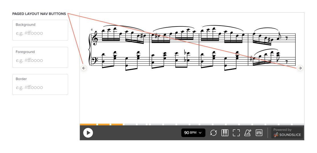 Screenshot of the customizing embed colors UI for the paged layout nav button